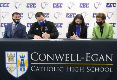 Photo Courtesy of Sarah Webb, Archdiocese of Philadelphia L to R: Josh Bowers, Assistant Principal for Academic Affairs, Conwell-Egan Catholic High School; Matthew Fischer, Principal, Conwell-Egan Catholic High School; Angela Tekely, Ed.D., Vice President for Academic Affairs and Provost, Immaculata University; and Barbara Lettiere, President, Immaculata University. 