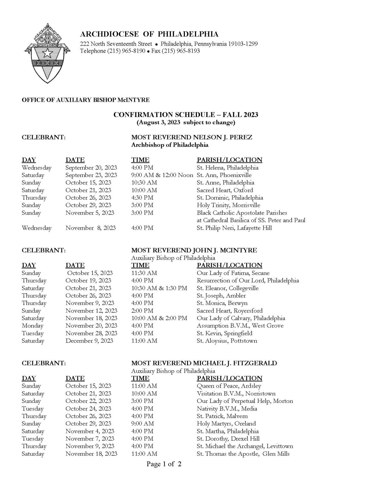 CONFIRMATION SCHEDULE FALL 2023 Archdiocese of Philadelphia